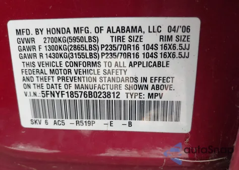 2006 Honda Pilot Ex-L z USA, uszkodzony, nr VIN 5FNYF18576B023812